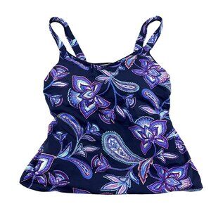 Lands End Tankini Top Women 6 Blue‎ Purple Floral Paisely Layered Bra Wide Strap